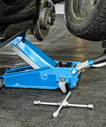 2 Pcs Floor Jack Casters For 4 Ton Floor Jack With Cast Iron Construction And 16mm Stem shown lifting a vehicle in a garage