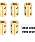 Five brass 7mm-to-7mm rigid motor shaft couplings with screws and Allen key.