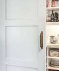 Set Of 12 Antique Brass Cabinet Pulls With Back Plates, Center To Center 5 Inch Length, installed on white cabinet door