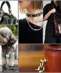 Collage showing uses of 4 Pieces D Rings For Brass Rivets Rotatable 360 Degree Strap Hardware in handbags, dog collars, and leather crafts.
