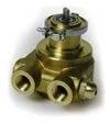 Fluid-O-Tech Pump 401 Brass Rotary Vane w ByPass 2.3 GPM, brass body with 3/8 FNPT ports, side view of pump.