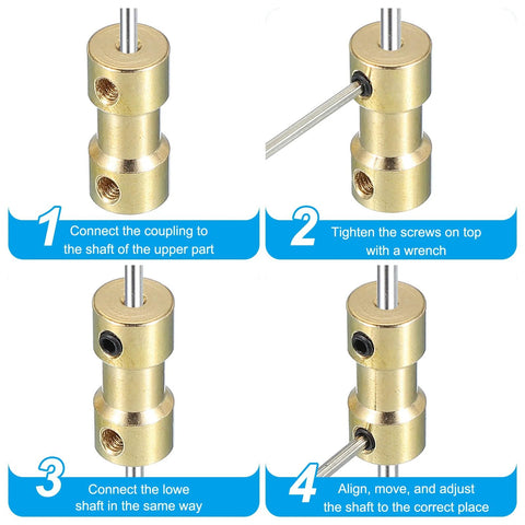Brass shaft coupling set, 4 pcs, 2–5 mm bore, motor shaft adapters with M3 screws for RC cars, airplanes and robots