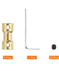 Brass Shaft Coupling Kit 5mm to 5mm with Screws and Hex Wrench for RC Cars 5 Pack shown with screws and hex tool