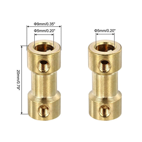 Two brass shaft couplers with measurements for Brass Shaft Coupling Kit 5mm to 5mm with Screws and Hex Wrench for RC Cars.