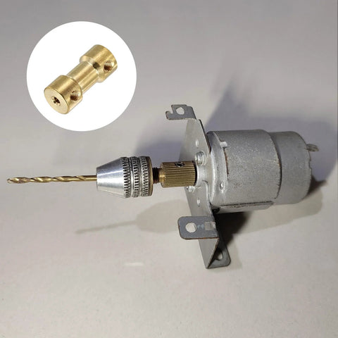 Motor with brass shaft coupling kit 5mm to 5mm, showing coupling installation with drill bit in RC models.