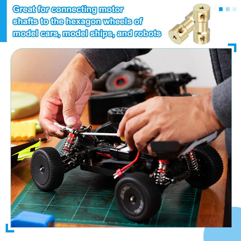 Brass shaft couplings (2–5 mm), 4 pcs for RC car motor shafts; side view of hands assembling a model vehicle.