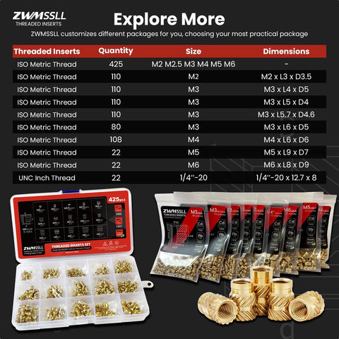 Assorted metric and UNC heat set threaded inserts for plastic with packaging, ideal for 3D printing components and repairs.