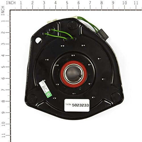 Top view of Briggs and Stratton 5023233SM Electric Clutch with size scale, showing black metal construction