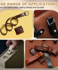 Bronze Ball Head Leather Rivet Set 20 Pieces applied on belts, wallet, and handbags, showcasing various DIY leather crafts and repairs.