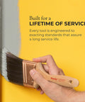 Hand holding a Purdy paintbrush applying gray paint on yellow wall, emphasizing durability and long service life.