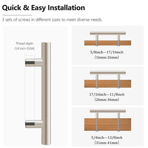 Brushed Nickel Cabinet Pulls 5 Inch Long, 10 Pack Stainless Steel Kitchen Hardware with screw sizes illustration for cabinets and drawers.