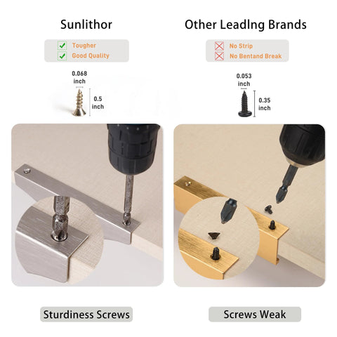 Comparison of Sunlithor cabinet pull screws with other brands showing sturdiness differences.