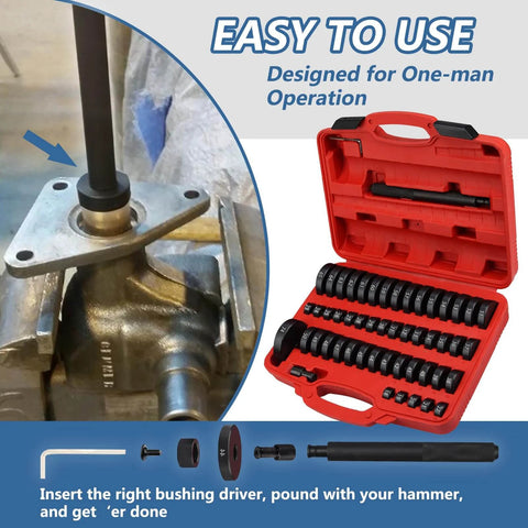 52 in 1 Custom Bushing Driver Set shown in red case with tools, demonstrating bushing installation on a transmission component.