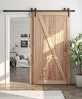 7.5 Feet Bypass Sliding Barn Door Hardware Kit for Double Wooden Doors with Single Track, installed in modern living room
