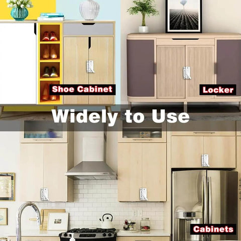 Various home cabinets, shoe cabinet, locker, and kitchen cabinets with installed white sliding window sash locks for secure use.