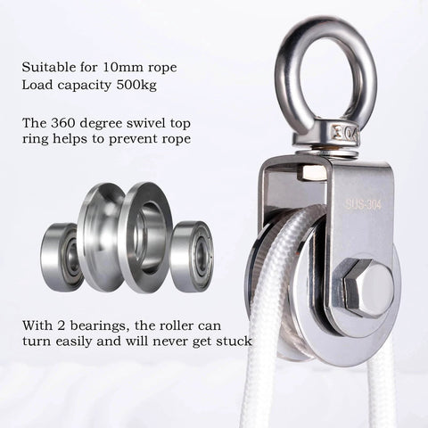 Heavy Duty Cable Single Pulley Block Wheel with Clip for Wire Rope with Ball Bearings, DIY Pulley System, stainless steel