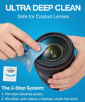 Person cleaning camera lens with Lens Wipes And Microfiber Cloths Value Kit For Eyeglasses And Screens against blue background.