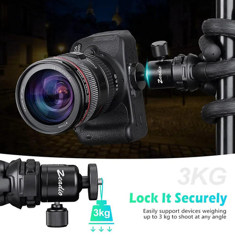 Mini Ball Head With 1/4 Inch And 3/8 Inch Screw Mount For Cameras DSLRs Monopods Sliders And Tripods, supporting 3 kg, in use