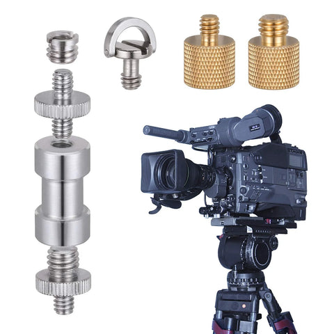 Camera Screw Adapter Kit 19 Pcs Quarter Inch And Three Eighth Inch Converter Set and camcorder on tripod