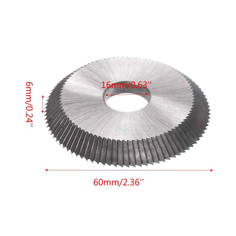 Top view of YUNAWU key cutting blade circular disk, 60mm diameter, 16mm bore, 6mm thick for horizontal key machines