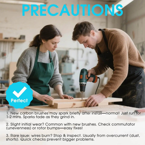 Man and woman using a power drill in workshop, focusing on precautions of 60 Pcs Electric Motor Carbon Brushes Set for tools.