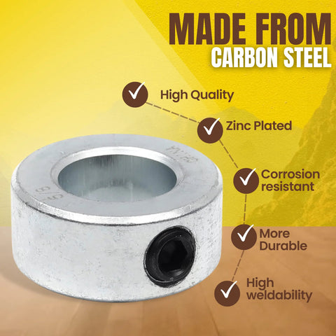 Four Pack Five Eighths Inch Bore Solid Steel Shaft Collars With Set Screws Zinc Plated, features highlighted
