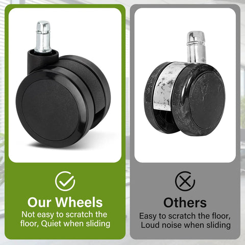 Comparison of 2.5 Inch Carpet Casters For Office Chairs Compatible With Aeron Embody Mirra SAYL And Setu Chairs Black Set Of 5, showing smooth and quiet rolling versus noisy and scratch-prone wheels.