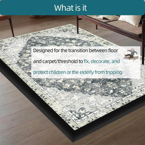 Carpet Floor Transition Strip, Self-Adhesive Carpet to Tile Transition Edging Trim Suitable for Door Threshold/Wood Floor, Cover Height Within 5mm - Black(20Ft) shown on a wooden floor with rug.