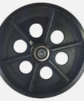 Front view of a Sliding Barn Door Cast Iron Wheel Kit 8" X 2" with 1/2" Smooth & Quiet Ball Bearings, showing cast iron material.