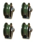 Heavy duty U-groove track pulley wheel set for inverted round tube systems, cast iron sliding door rollers rated 300 kg per wheel