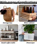 Four applications of 12 Pieces Fixed Caster Wheels Set for storage box, wine cabinet, small coffee table, and flowerpot.