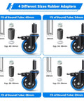 4 Inch Prep Table Caster Set Of 4 With Swivel Expanding Stem And Brakes For Stainless Steel Tables And Carts, showing rubber adapters in different sizes for tube fitting.