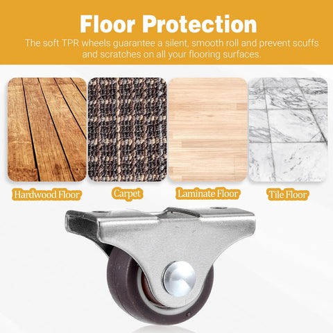 16 Pack Mini 1 Inch Rigid Caster Wheels Set With Iron Top Plate And TPR Wheels shown on hardwood, carpet, laminate, tile floors.