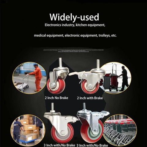 Heavy Duty Stem Caster Wheels With PU Castors For Quiet Smooth Operation No Noise 360 Degree Swivel Dual Locking Brakes M8-1.25x25mm Stem 3 Inch Casters Pack Of 4 Ideal For Furniture Tools Equipment shown in various uses.