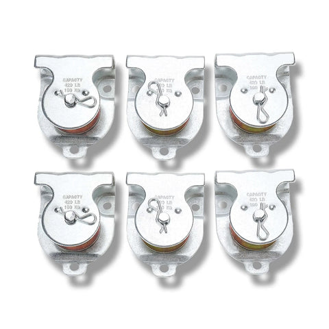 Ceiling Mount Single Pulley 1-1/2 Inch Wall Mount Pulley Ceiling Pulley for 3/8" Wire or Rope, Pack of 6 shown in zinc-plated iron