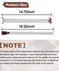 Two Pack Center Track Drawer Slides For Rite Trak II Rails Kit, showing 14.72 inch top and 16.22 inch bottom metal slides with dimensions