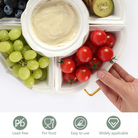 Ceramic Lazy Susan Party Serving Tray with Divided Sections for Appetizers, Fruits, Veggies, and Dip in use with hand turning the tray