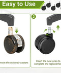 Image showing steps to replace office chair wheels with 2.5 Inch Carpet Casters For Office Chairs Compatible With Aeron Embody Mirra SAYL And Setu Chairs Black Set Of 5 Smooth Quiet Rolling Durable Swivel Wheel Replacement Great For Home And Office Use Smooth Glide Nonslip Feet Easy Install.