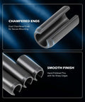 Close-up of 330Pcs SAE Roll Pin Assortment Kit showcasing chamfered ends and smooth finish for secure mounting, heavy-duty steel.
