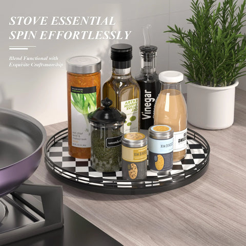 Black And White Checkered Round Lazy Susan Turntable With Iron Frame And 13 Inch Wooden Tabletop Kitchen Organizer For Cookies Dining Table Centerpiece Small Kitchen Decor And Easy Access Serving Tray holding condiments and spices