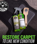 Chemical Guys Foaming Citrus Fabric Clean, Carpet and Upholstery Cleaner - 16 oz spray bottle with brush on a car mat