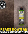 Chemical Guys Foaming Citrus Fabric Clean, Carpet and Upholstery Cleaner bottle on stained fabric background, 16 oz.