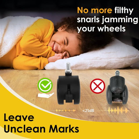 Child laying beside two 2 Inch Stem Swivel Caster Wheels With Brakes Replacement For Furniture, highlighting smooth and clean wheels.