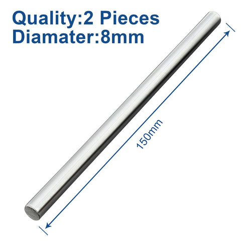 Two Pack 8mm x 150mm Chrome Linear Motion Rods with dimensions labeled for 3D printers and CNC machines