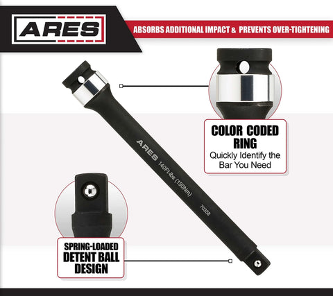 Foot/Pound Torque Limiting Extension Bar - Chrome Moly 1/2-Inch Drive 8-Inch Long Impact Grade Bar - Flex Action Prevents Over-Tightening - Color Coded for Easy Identification features, including color-coded ring and detent ball design.