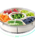 Divided Rotating Serving Tray With Lid And Handle 12 Inch Clear Lazy Susan Organizer with fruits and veggies displayed inside
