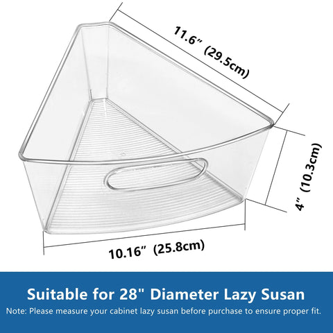 Clear One Eighth Wedge Corner Cabinet Lazy Susan Organizer Bin dimensions for 28-29 inch diameter storage, BPA-free