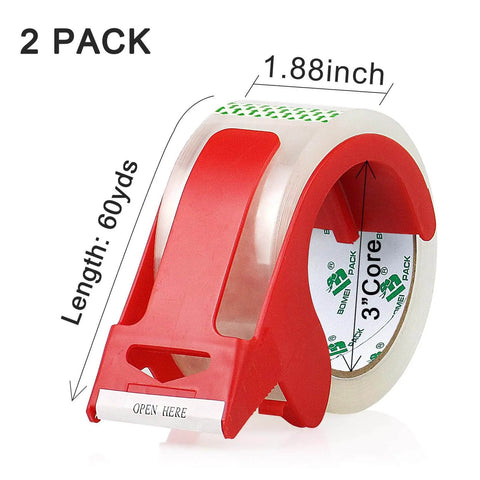 Heavy Duty Clear Packing Tape 2 Rolls With Refillable Dispenser Noiseless 1.88 In X 55 Yards Shipping Tape, red dispenser in focus