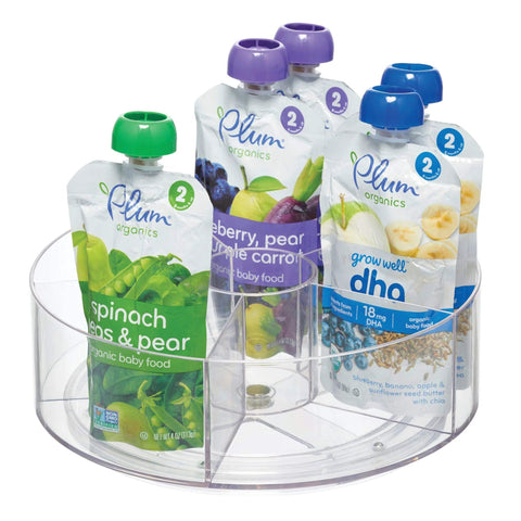 Rotating Turntable Tea Packet Organizer With Five Divided Compartments And Center Cup For Cabinets Or Countertops, clear finish, with pouches