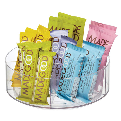 Rotating Turntable Tea Packet Organizer With Five Divided Compartments And Center Cup For Cabinets Or Countertops Open Design For Easy Visibility And Access To Tea Bags And Accessories Clear Finish 9 By 9 By 3.01 Inches filled with snack bars